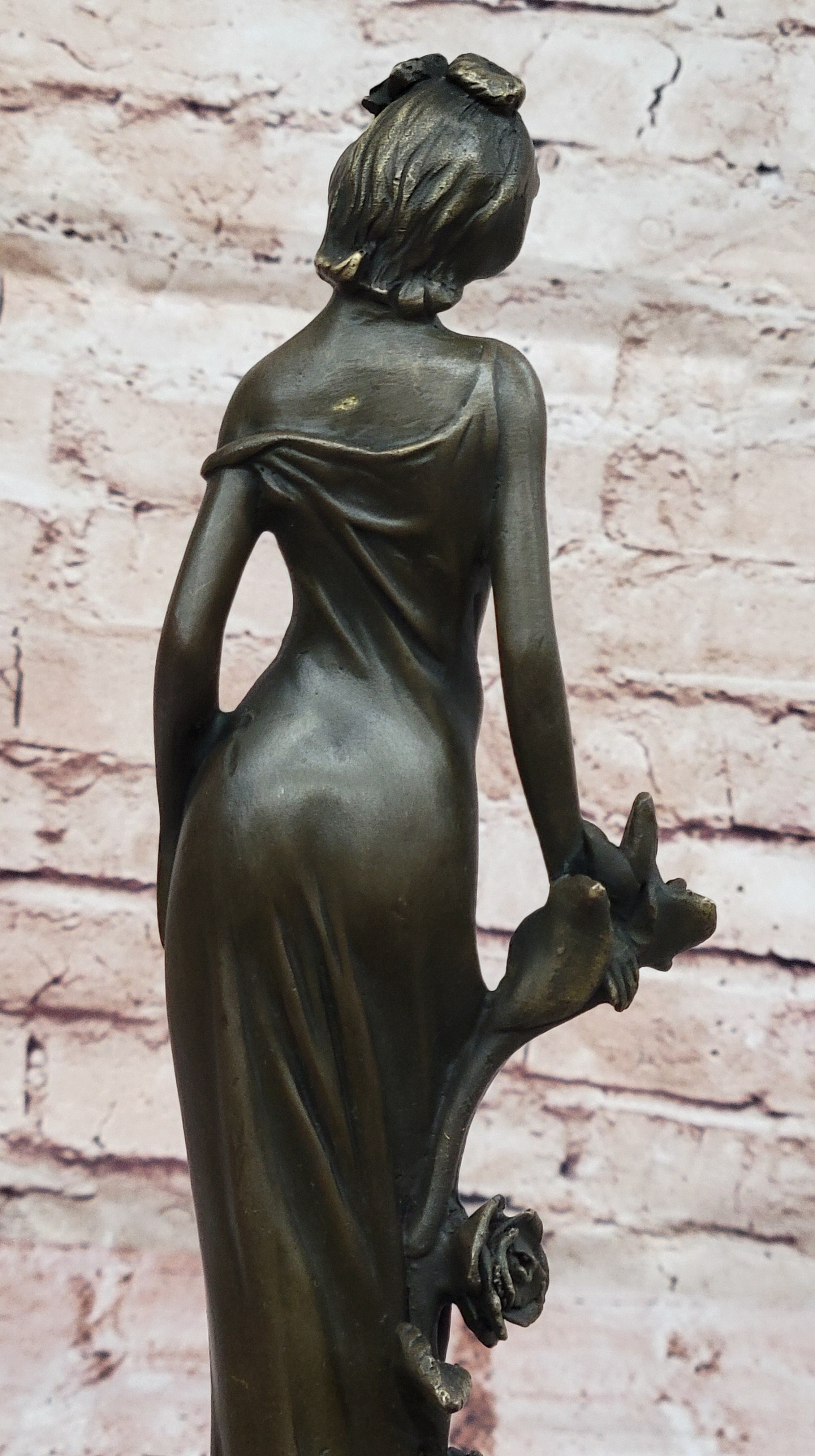 Bronze Lady with Roses Art Nouveau Sculpture by Kassin
