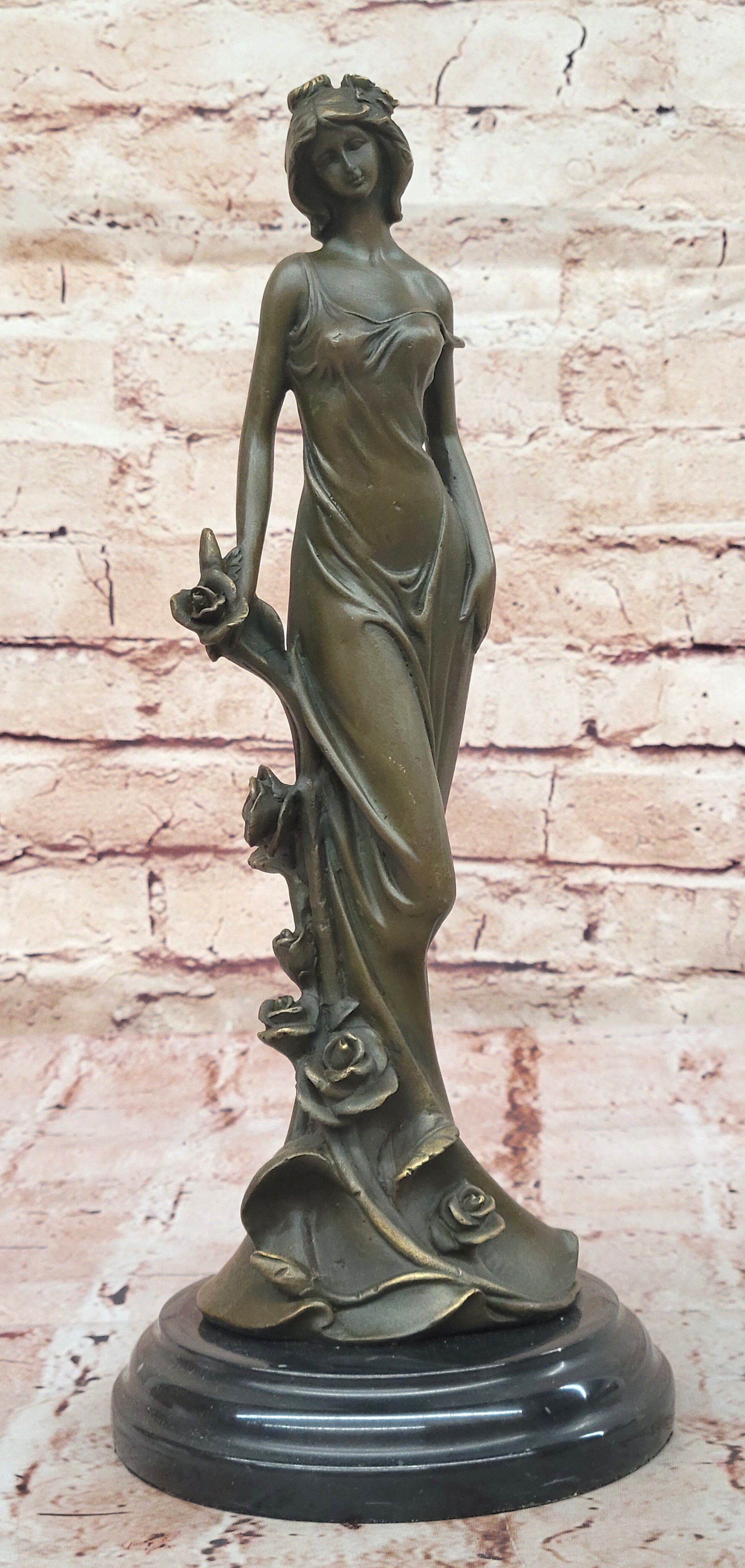 Bronze Lady with Roses Art Nouveau Sculpture by Kassin