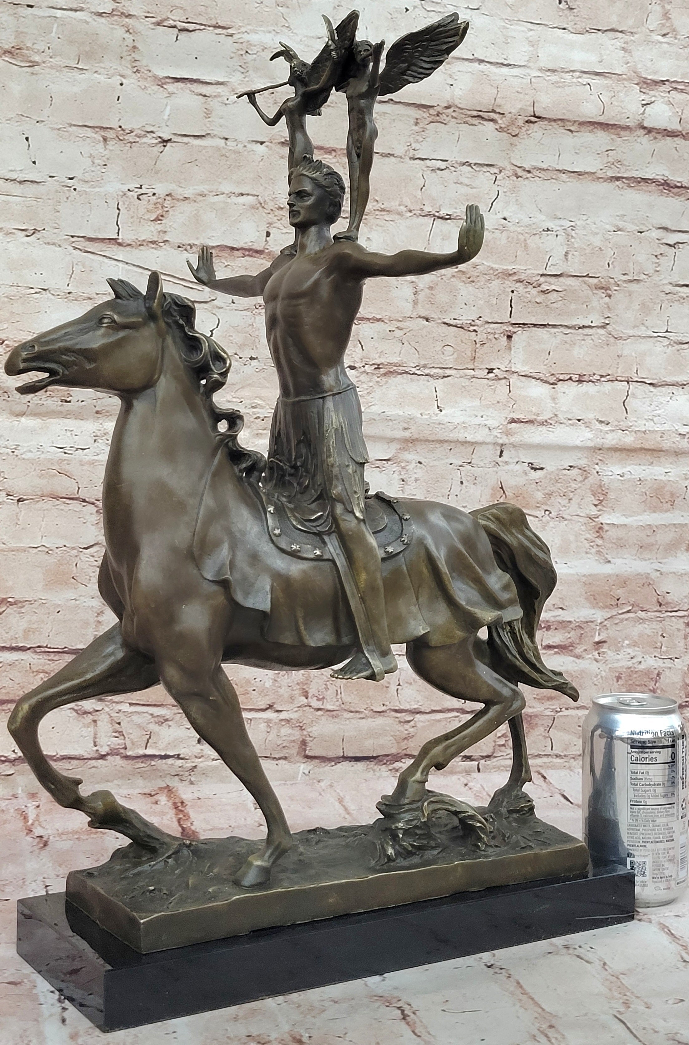 Bronze Sculpture of Warrior on Horseback with Winged Figures