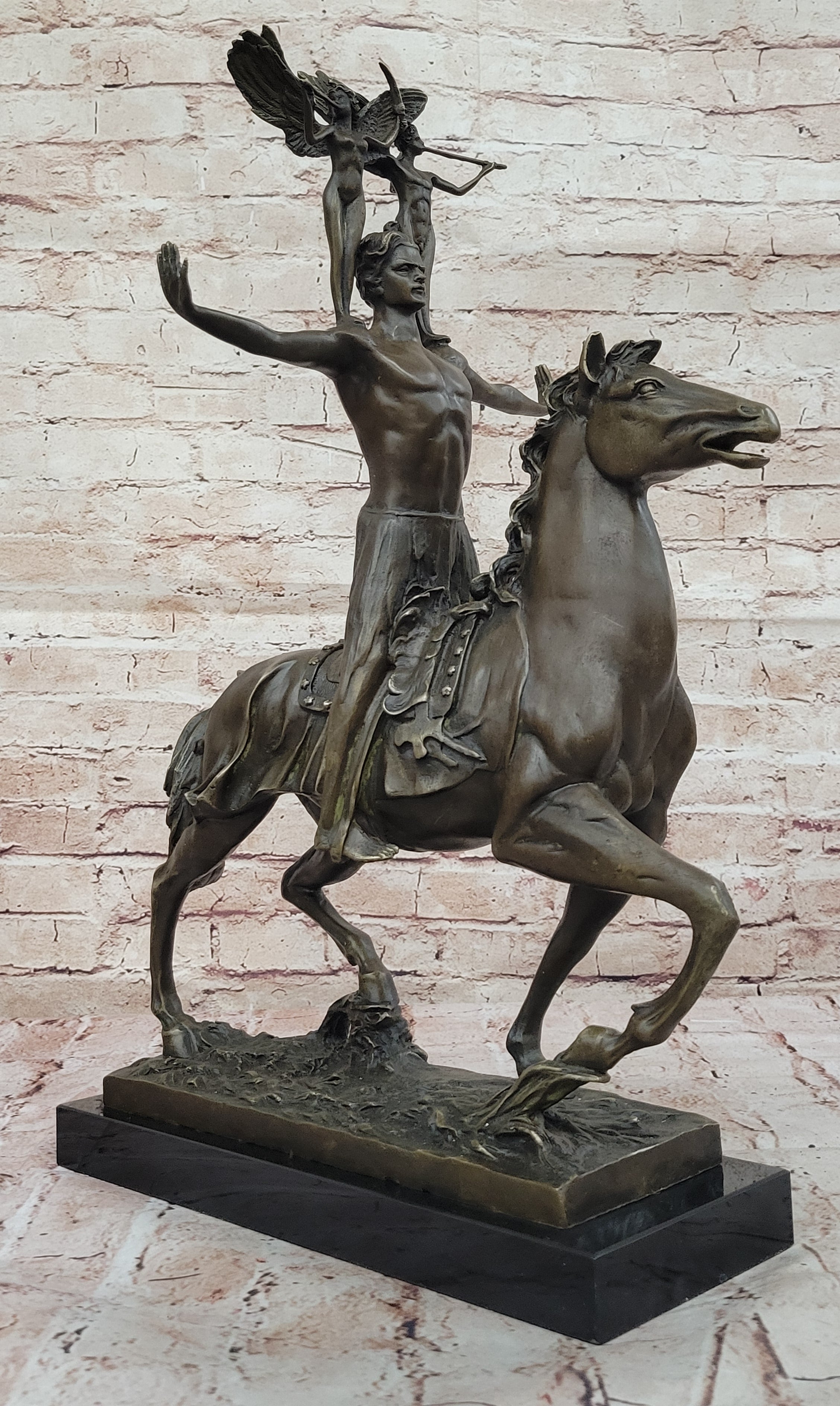 Bronze Sculpture of Warrior on Horseback with Winged Figures