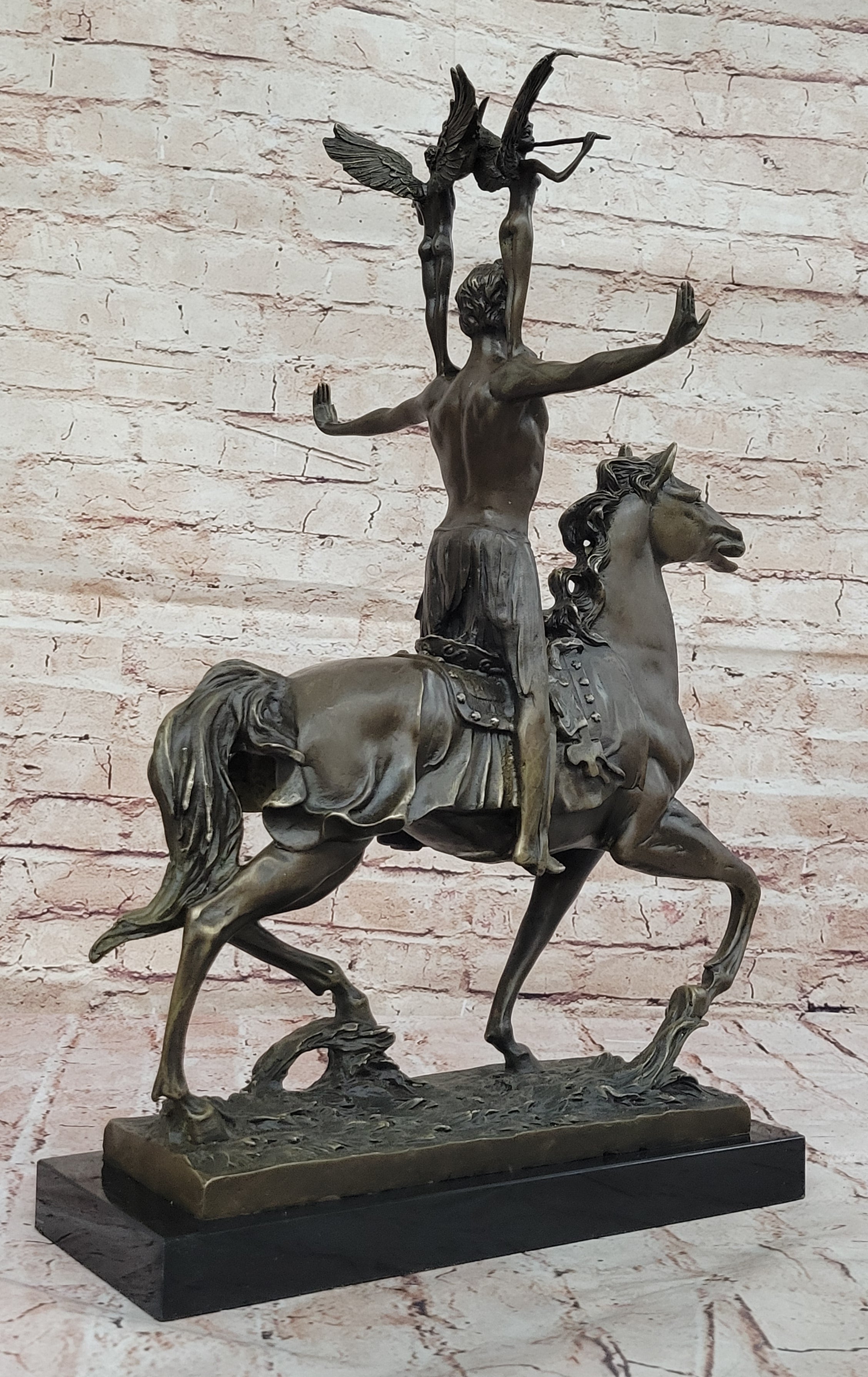 Bronze Sculpture of Warrior on Horseback with Winged Figures