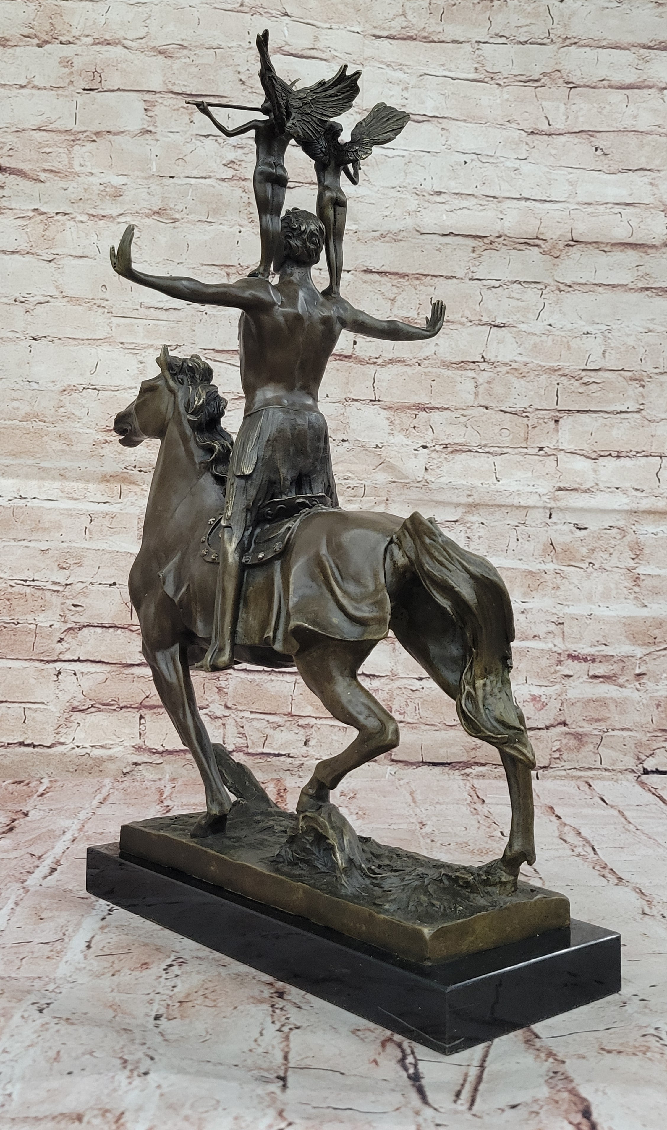 Bronze Sculpture of Warrior on Horseback with Winged Figures