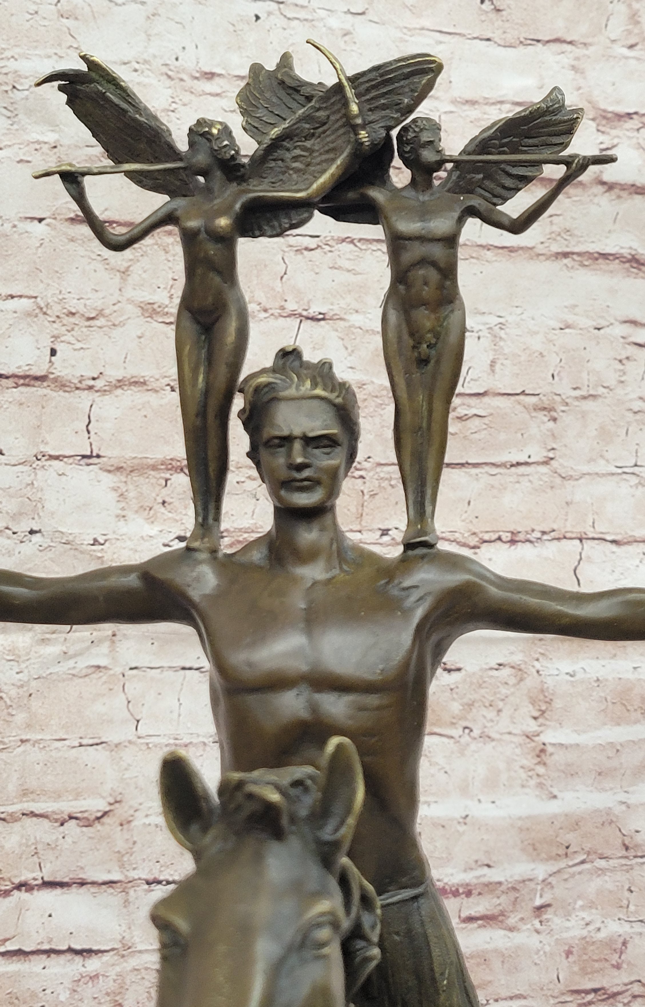 Bronze Sculpture of Warrior on Horseback with Winged Figures