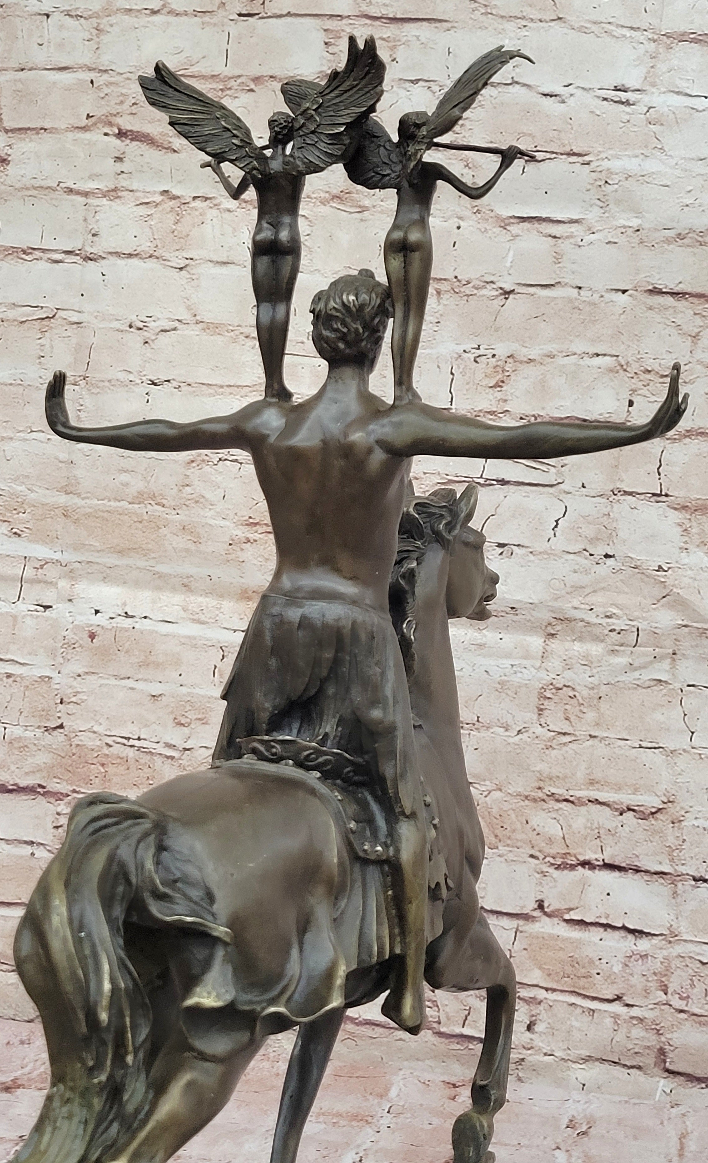 Bronze Sculpture of Warrior on Horseback with Winged Figures