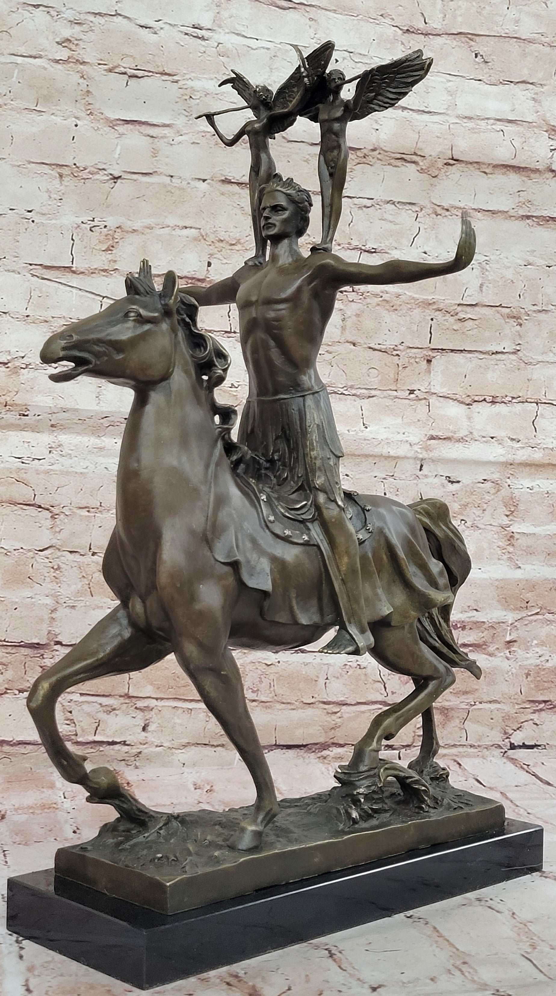 Bronze Sculpture of Warrior on Horseback with Winged Figures