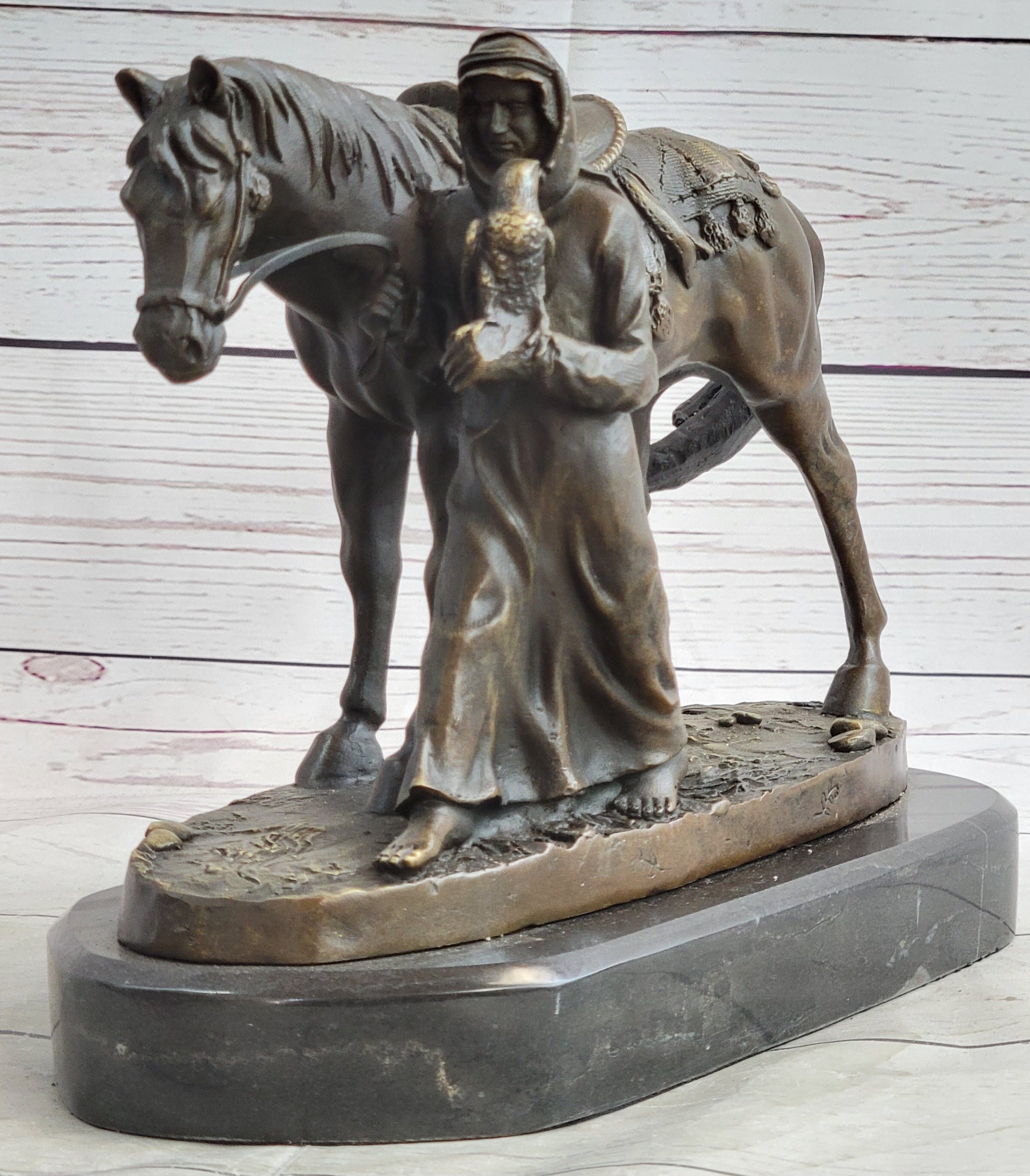 Aldo Vitaleh Arab Man Holding Falcon Horse Bronze Sculpture