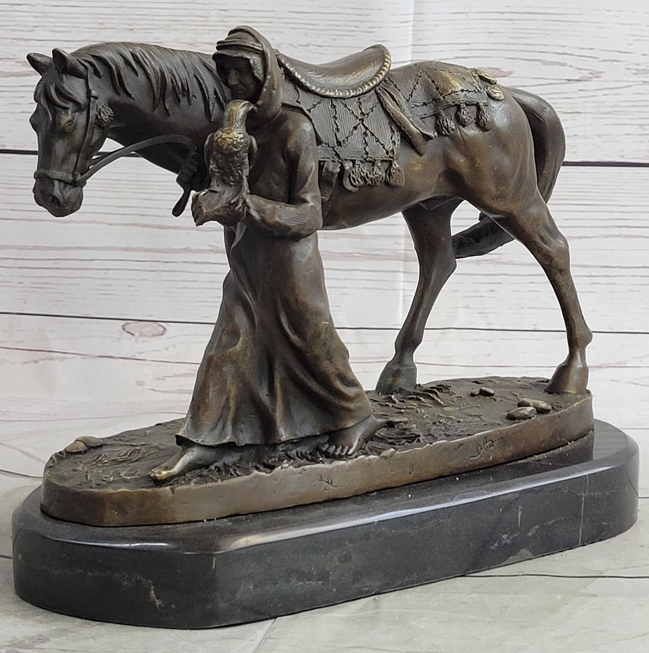 Aldo Vitaleh Arab Man Holding Falcon Horse Bronze Sculpture
