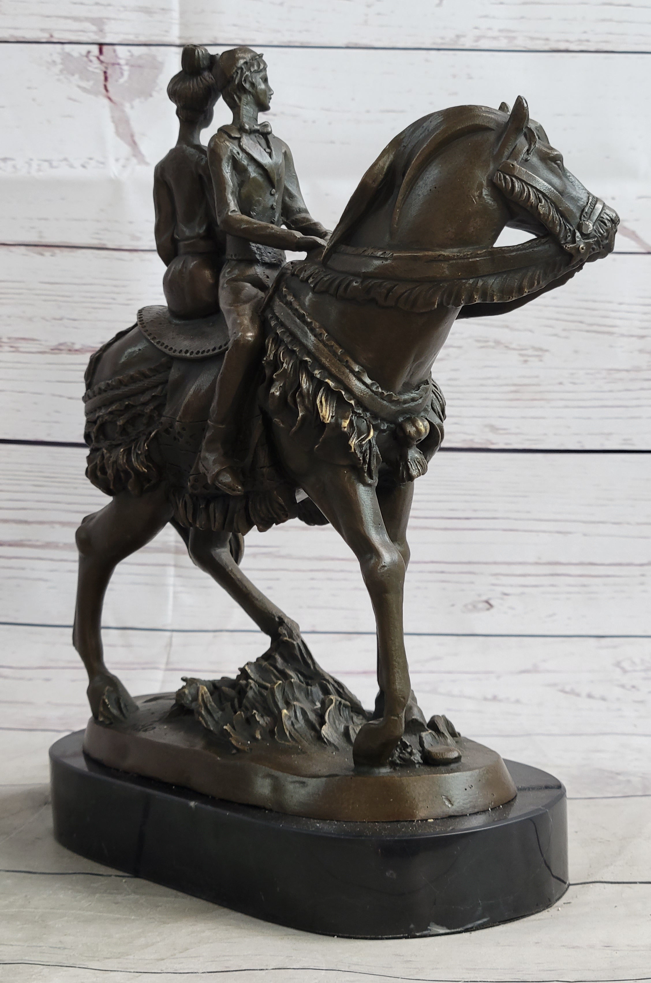 Bride and Groom on Horse Back Solid Bronze Sculpture by Milo