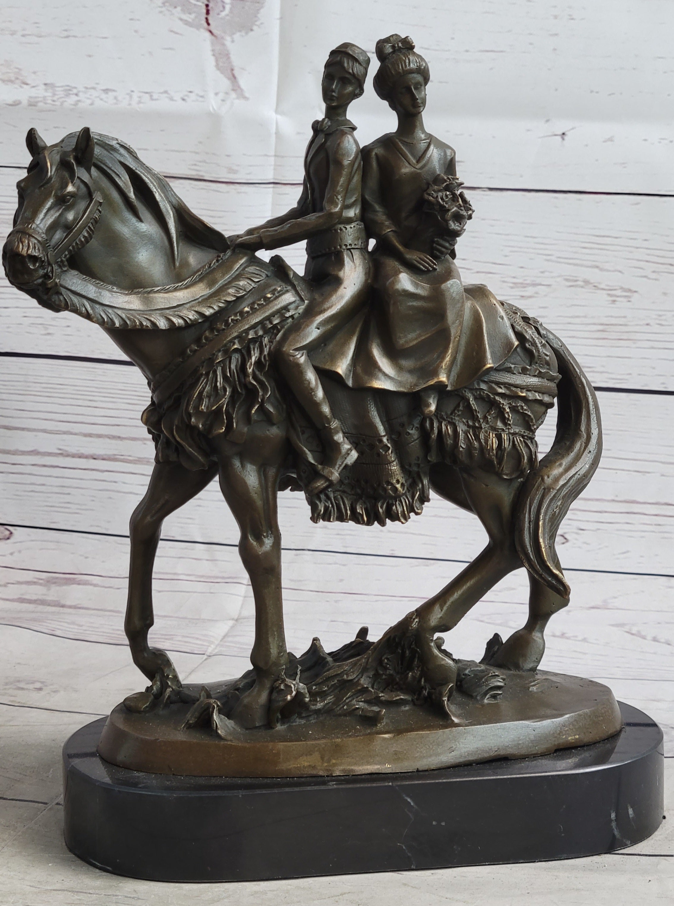 Bride and Groom on Horse Back Solid Bronze Sculpture by Milo