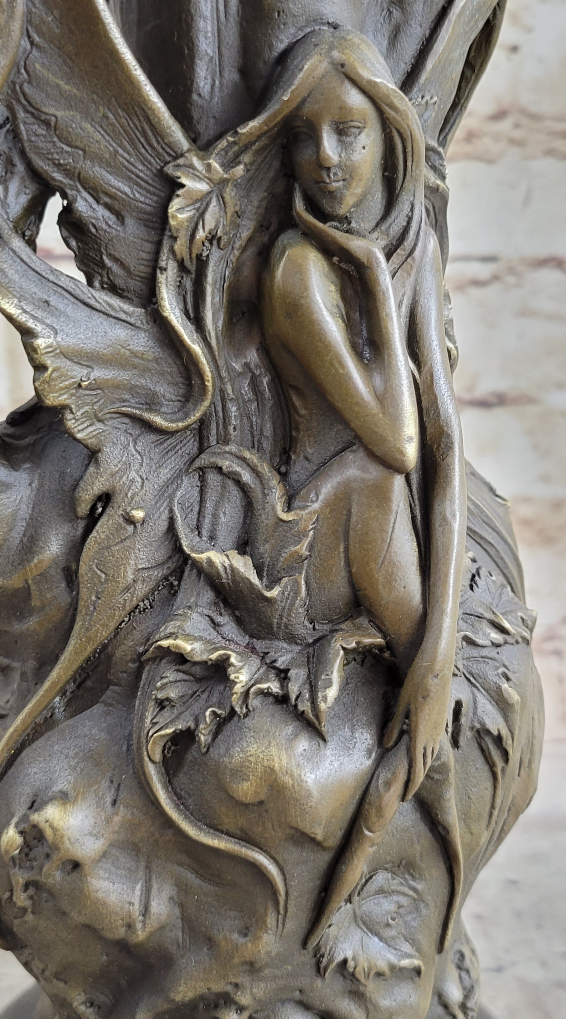 Fantasy Fairy Girl Bronze Sculpture on Marble Base 14.5" x 7"
