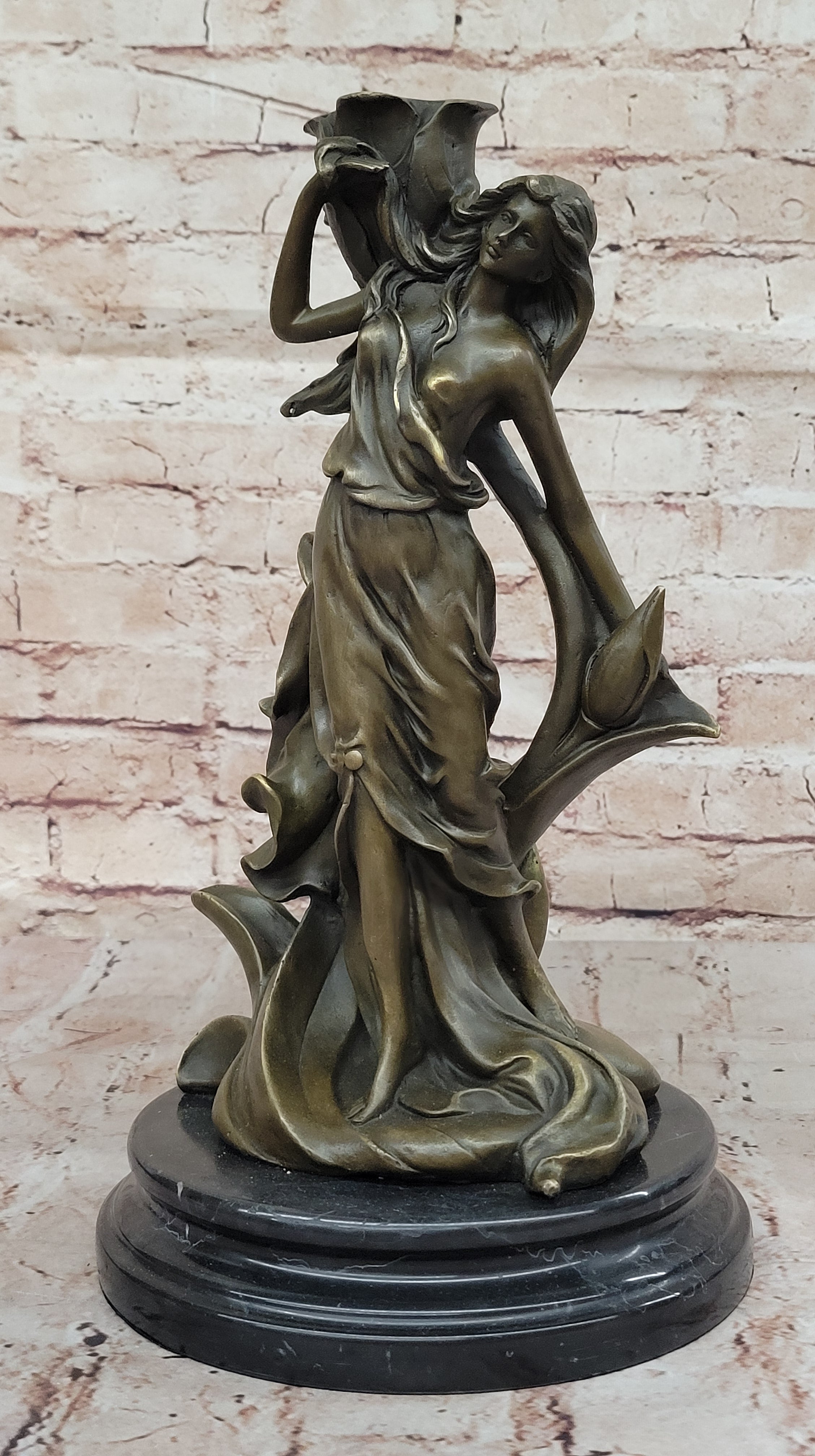 Bronze Art Nouveau Sculpture of Woman with Flower Motif
