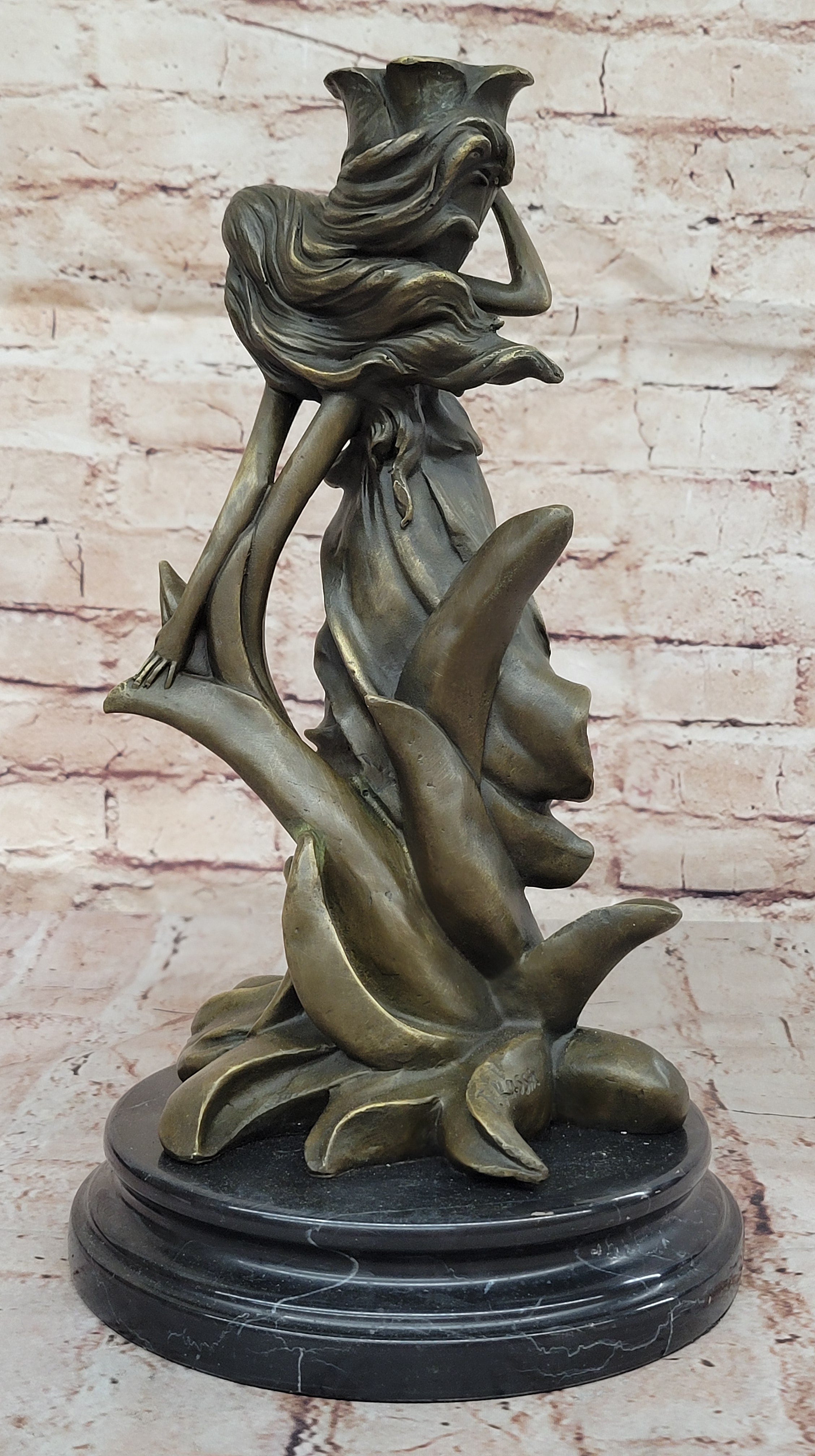 Bronze Art Nouveau Sculpture of Woman with Flower Motif