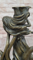 Bronze Art Nouveau Sculpture of Woman with Flower Motif
