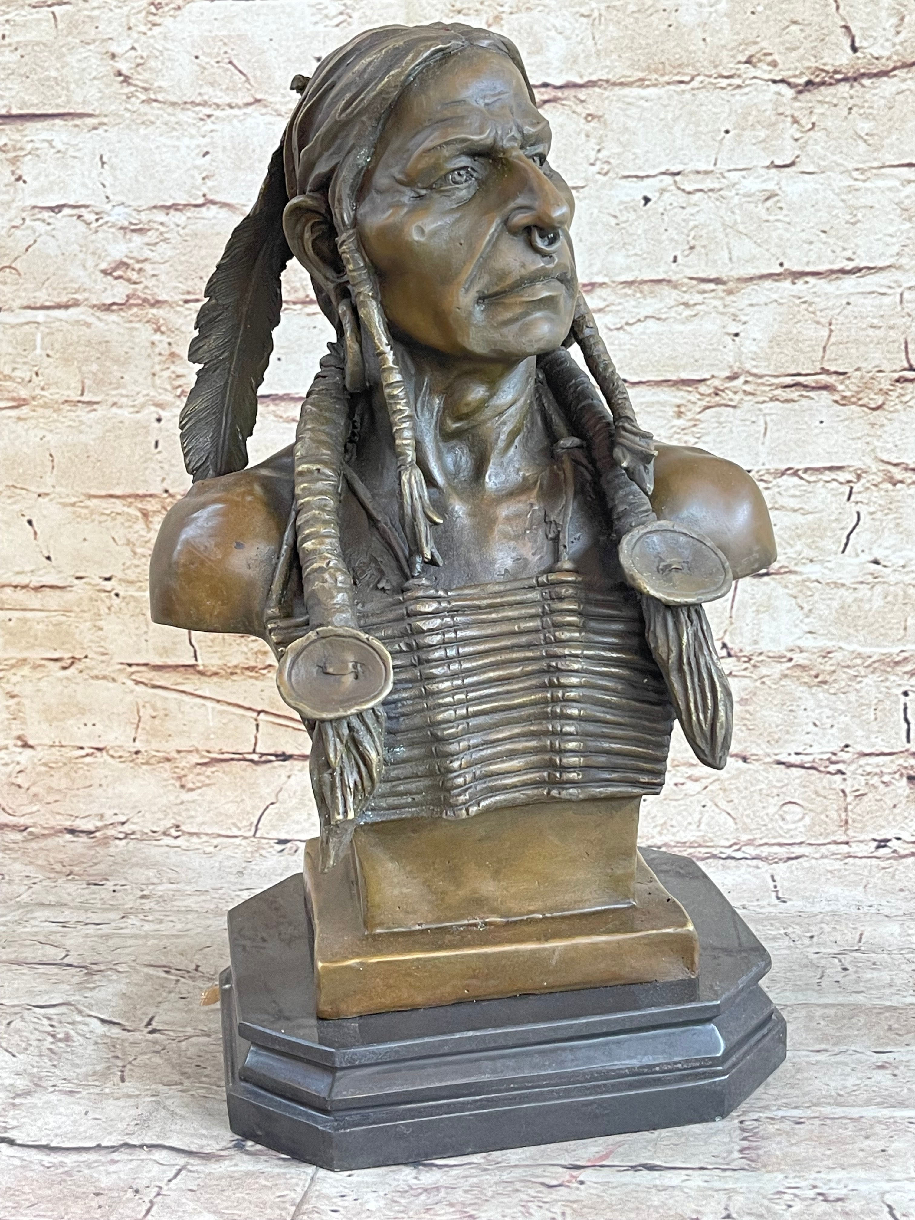 Native American Warrior Chief Bronze Bust Sculpture