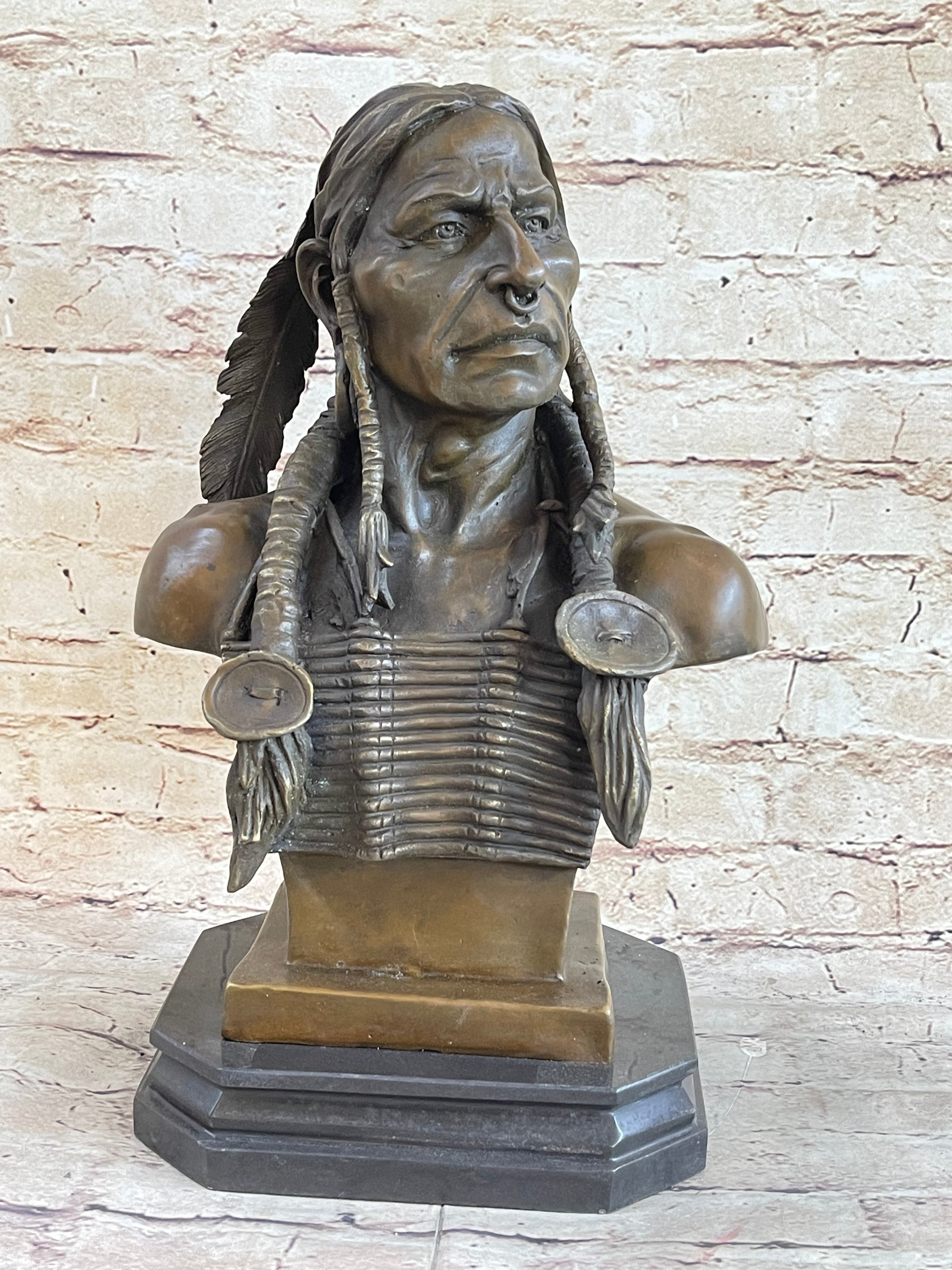 Native American Warrior Chief Bronze Bust Sculpture