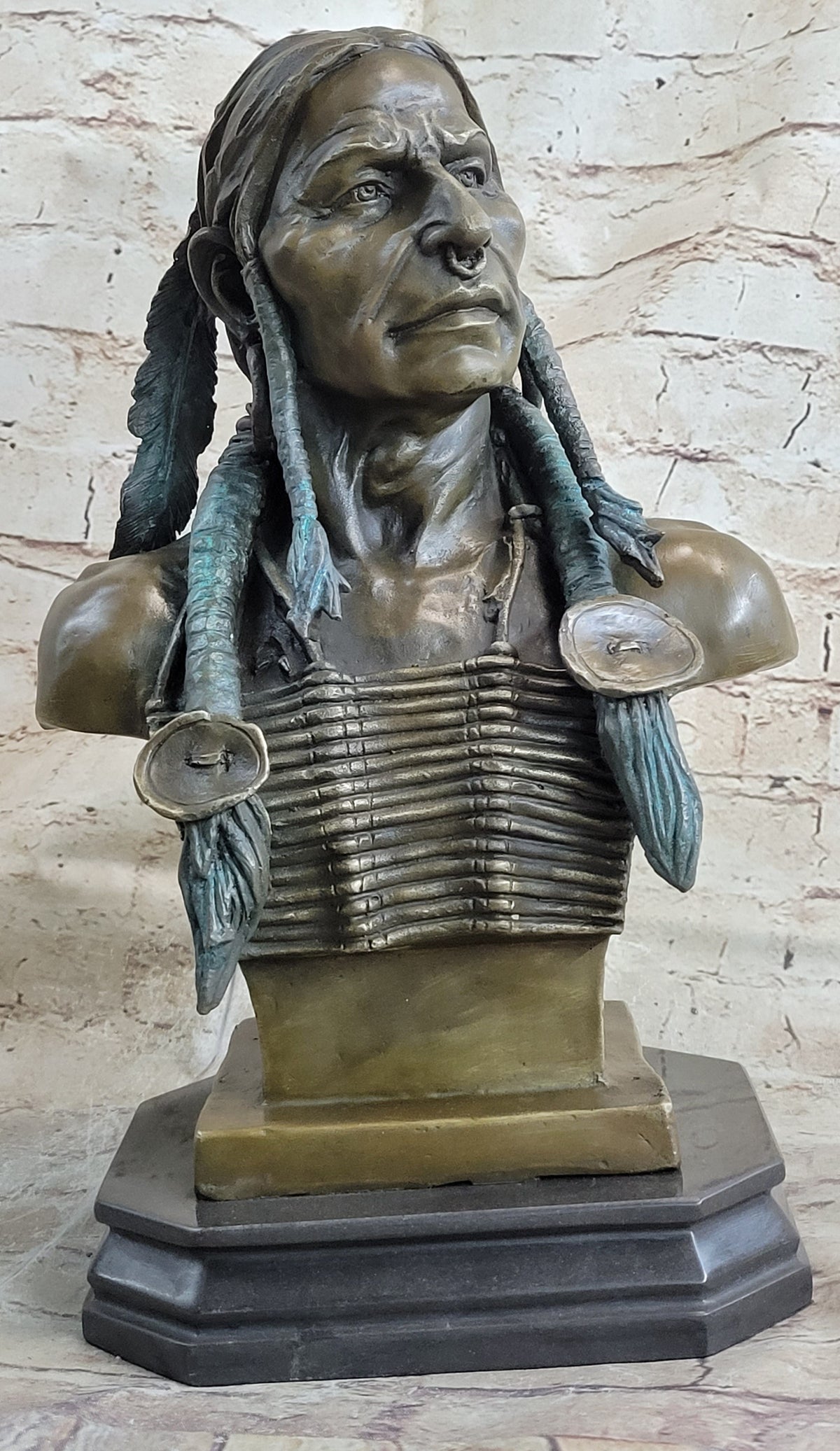 Indian Native American Chief Bust Bronze Marble Base by Milo