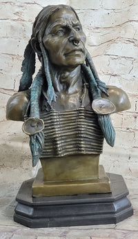 Indian Native American Chief Bust Bronze Marble Base by Milo