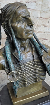 Indian Native American Chief Bust Bronze Marble Base by Milo