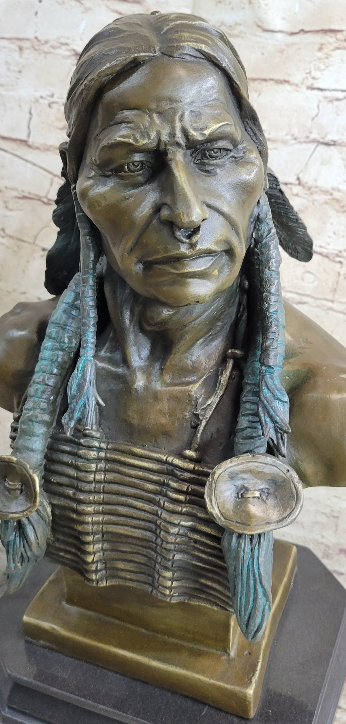 Indian Native American Chief Bust Bronze Marble Base by Milo