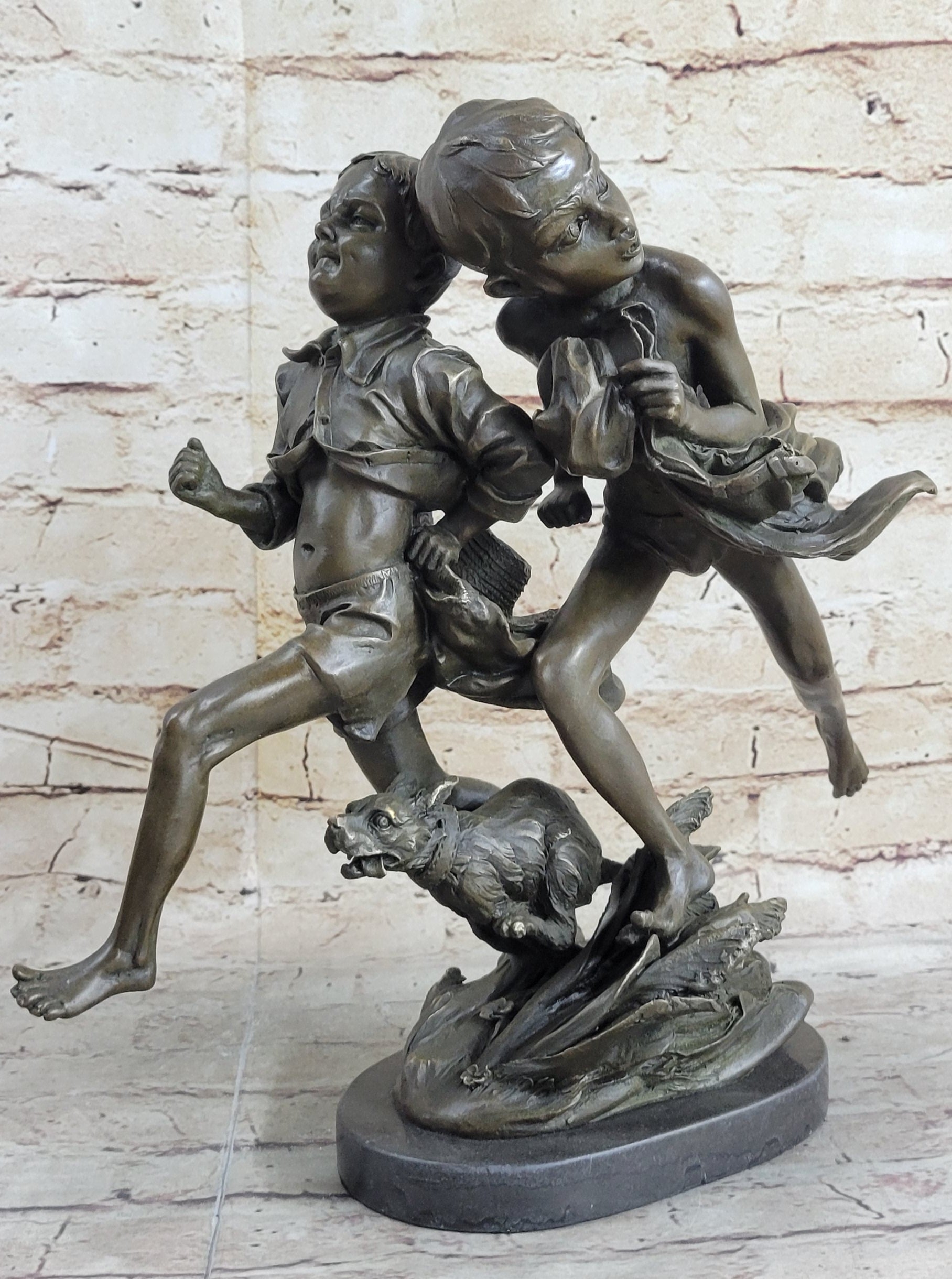 Two Running Boys with Dog Bronze Sculpture Marble Base