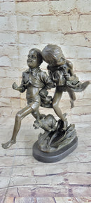 Two Running Boys with Dog Bronze Sculpture Marble Base