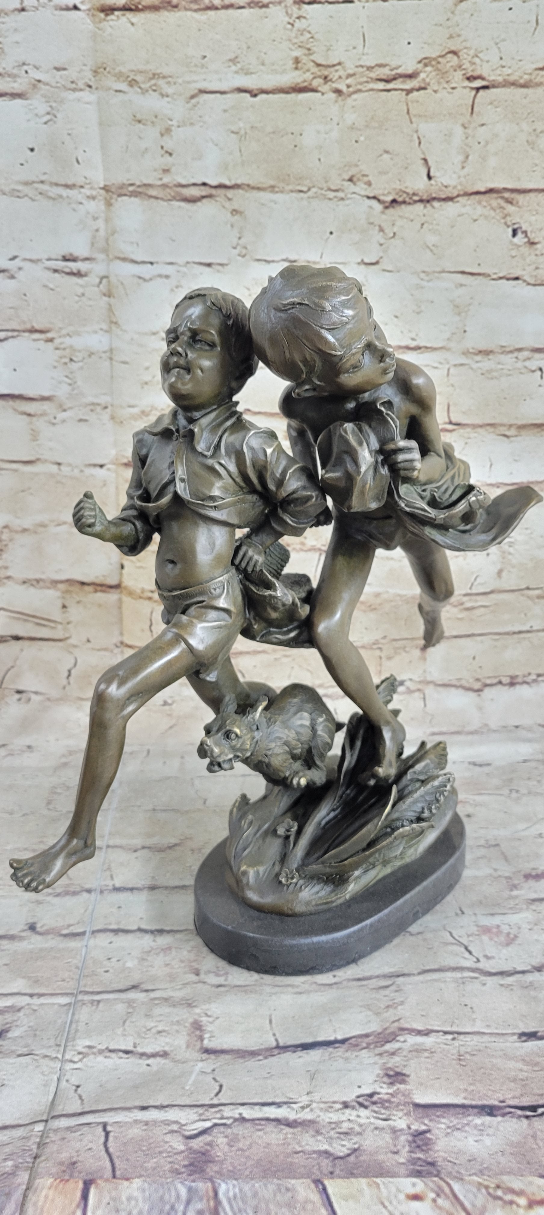 Two Running Boys with Dog Bronze Sculpture Marble Base