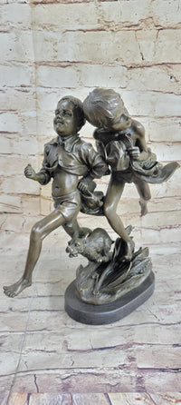 Two Running Boys with Dog Bronze Sculpture Marble Base