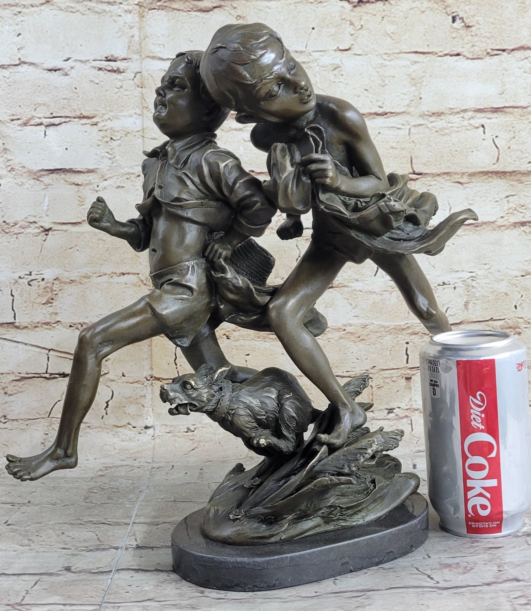 Two Running Boys with Dog Bronze Sculpture Marble Base
