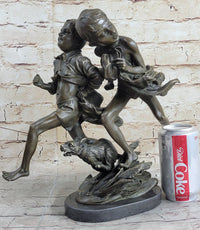 Two Running Boys with Dog Bronze Sculpture Marble Base