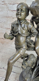 Two Running Boys with Dog Bronze Sculpture Marble Base