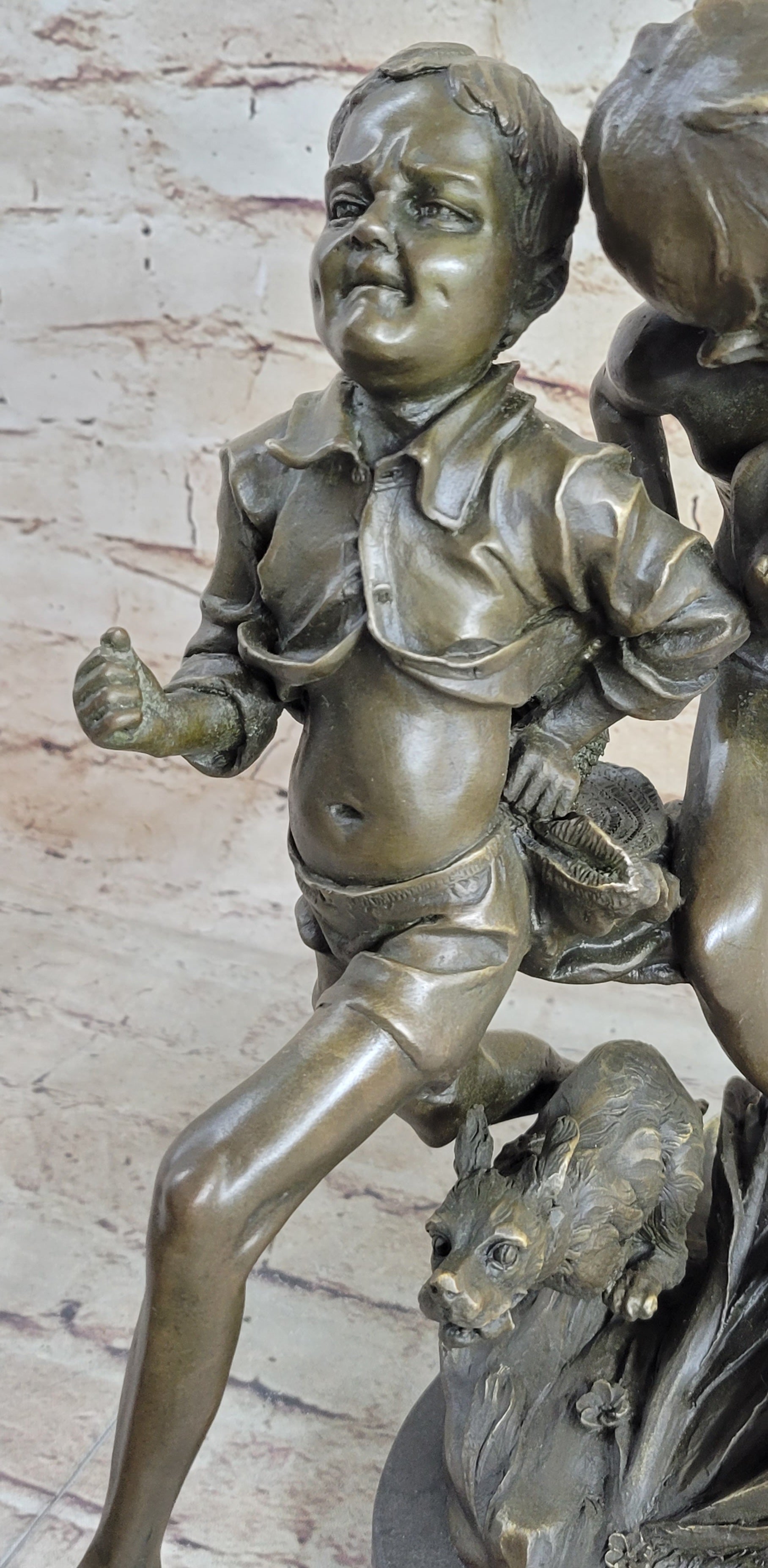 Two Running Boys with Dog Bronze Sculpture Marble Base