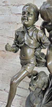 Two Running Boys with Dog Bronze Sculpture Marble Base