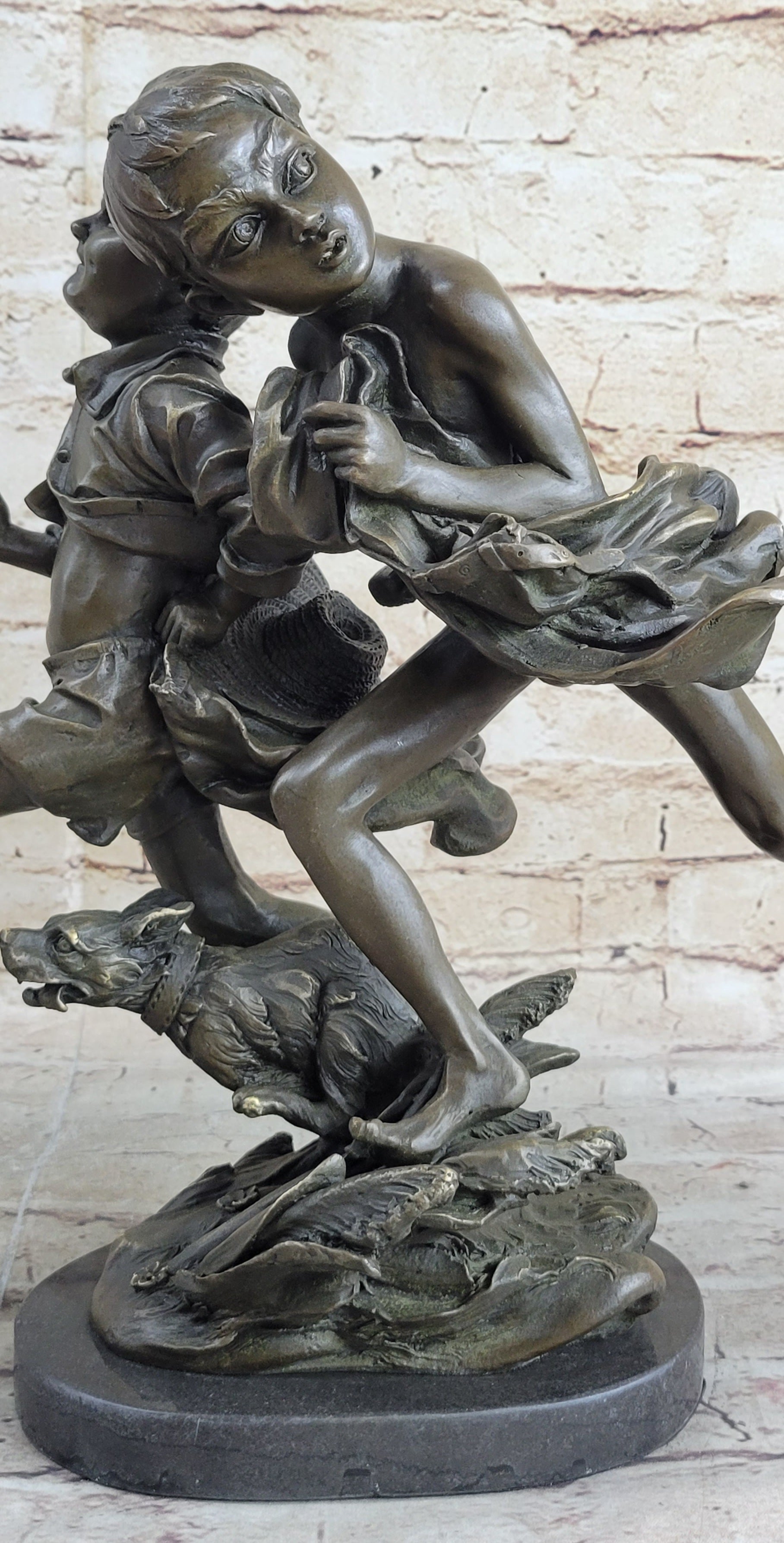 Two Running Boys with Dog Bronze Sculpture Marble Base