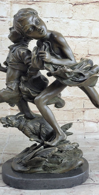 Two Running Boys with Dog Bronze Sculpture Marble Base