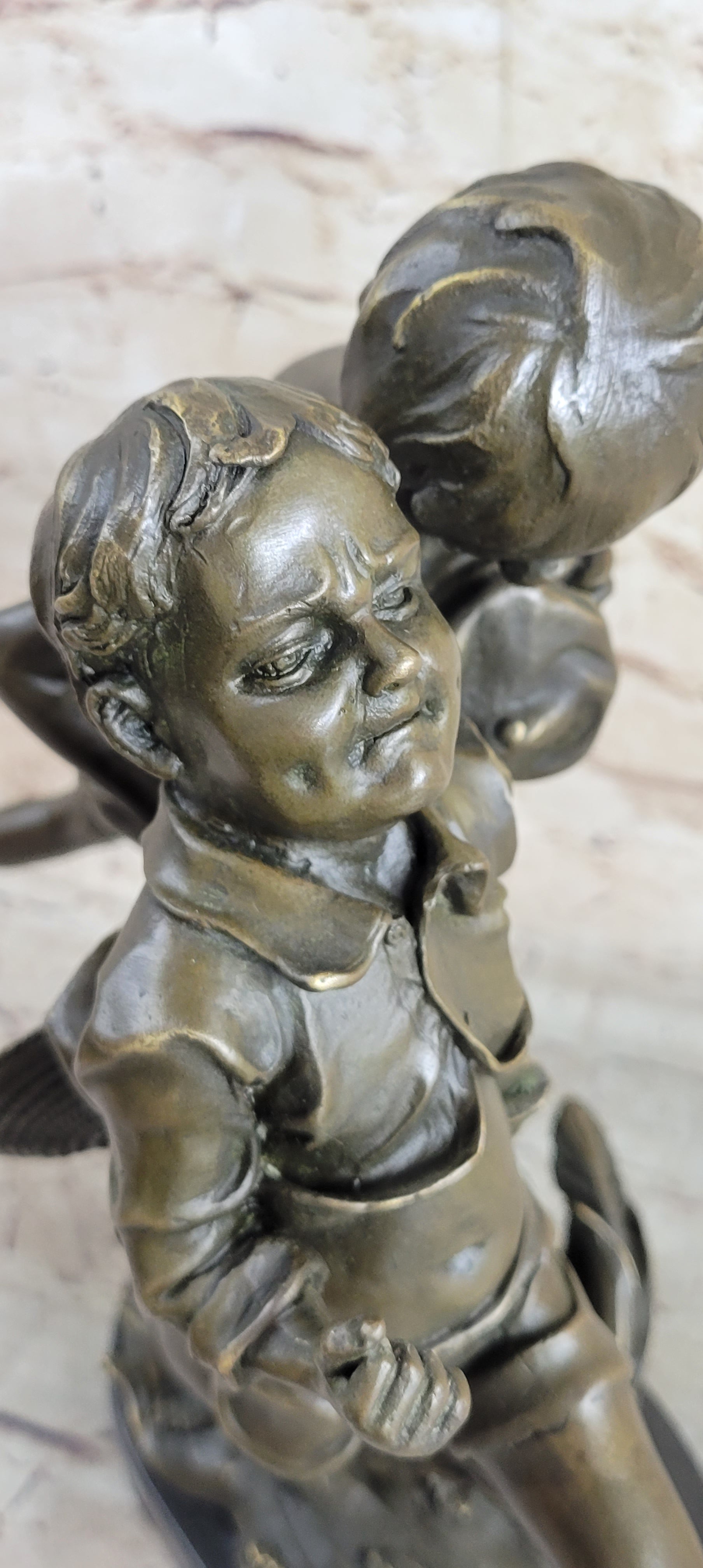 Two Running Boys with Dog Bronze Sculpture Marble Base
