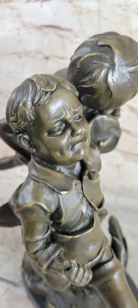 Two Running Boys with Dog Bronze Sculpture Marble Base