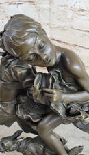 Two Running Boys with Dog Bronze Sculpture Marble Base