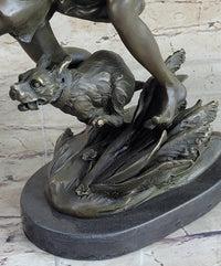 Two Running Boys with Dog Bronze Sculpture Marble Base