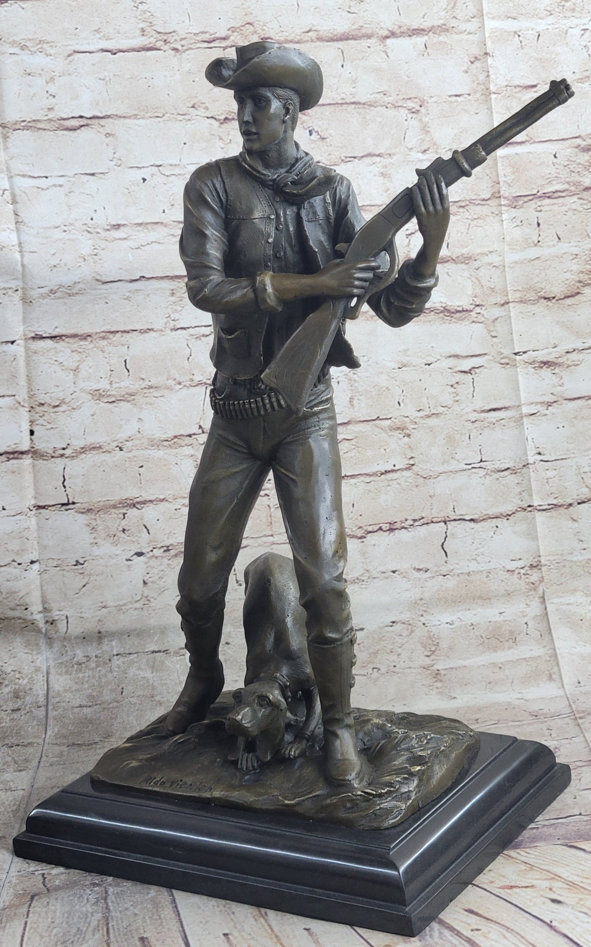 Signed Aldo Vitaleh Cowboy W/ Gun and His Dog Bronze