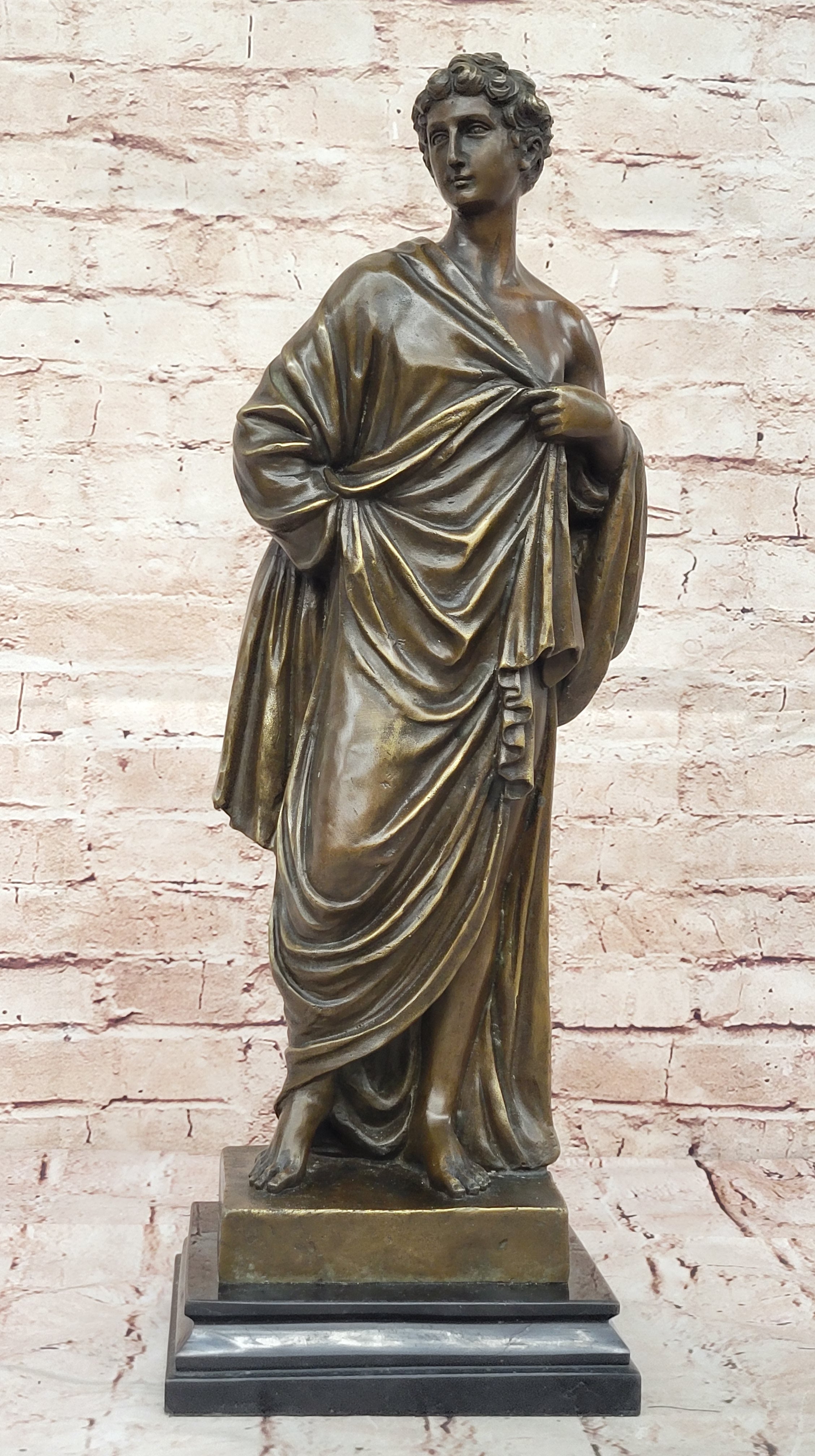 Draped Roman Woman Bronze Sculpture on Marble Base