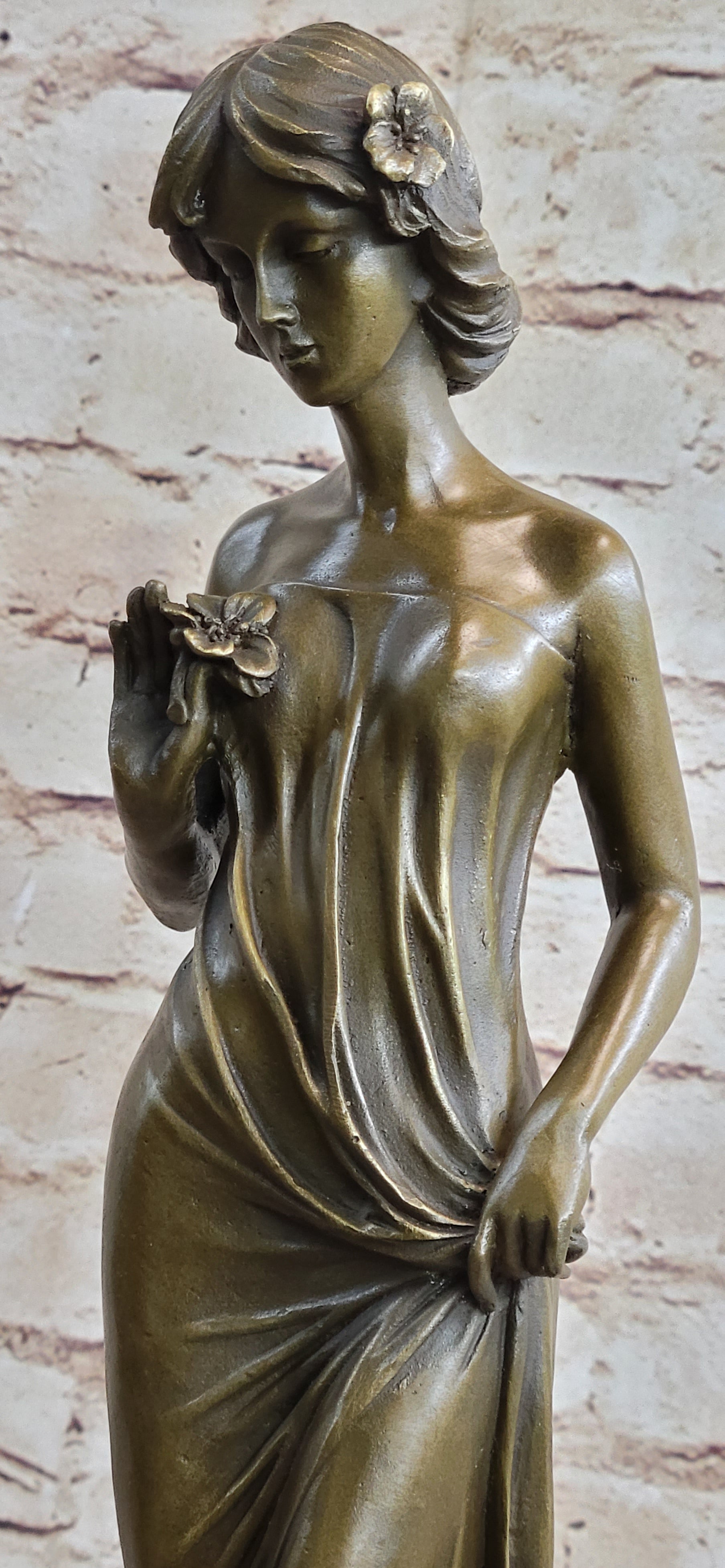 Bronze Sculpture Young Lady Gazes into a Flower by Moreau