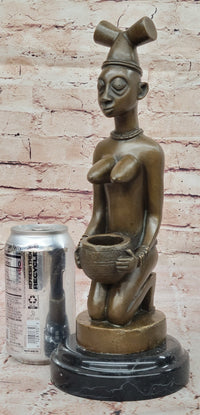 African Tribal Bronze Sculpture – Nude Kneeling Woman Figurine with Pot - Signed Milo