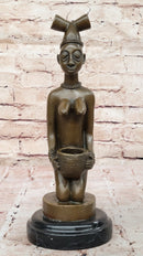 African Tribal Bronze Sculpture – Nude Kneeling Woman Figurine with Pot - Signed Milo