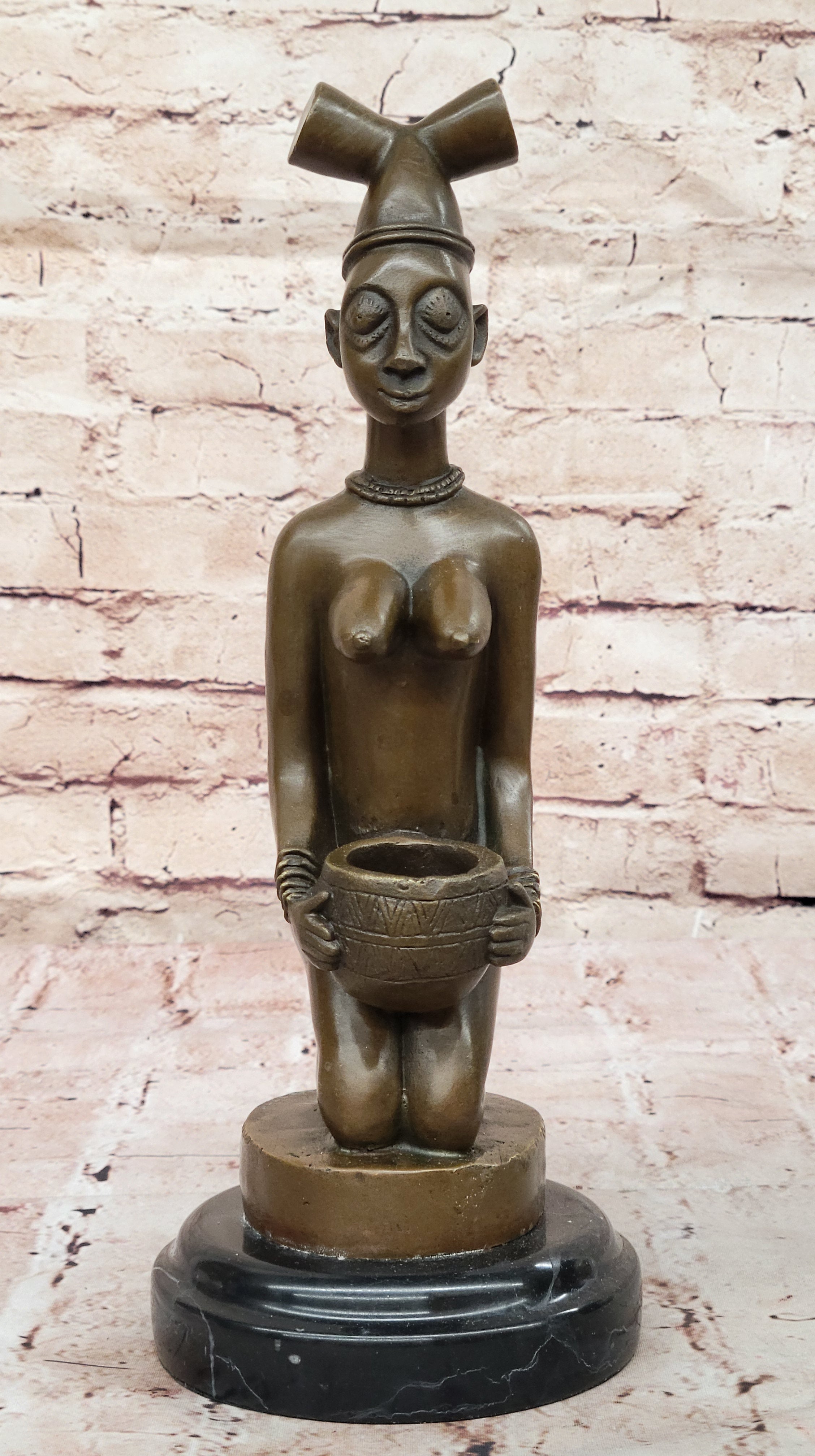 African Tribal Bronze Sculpture – Nude Kneeling Woman Figurine with Pot - Signed Milo