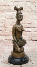 African Tribal Bronze Sculpture – Nude Kneeling Woman Figurine with Pot - Signed Milo