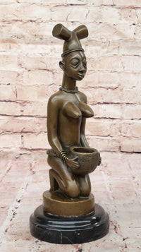 African Tribal Bronze Sculpture – Nude Kneeling Woman Figurine with Pot - Signed Milo