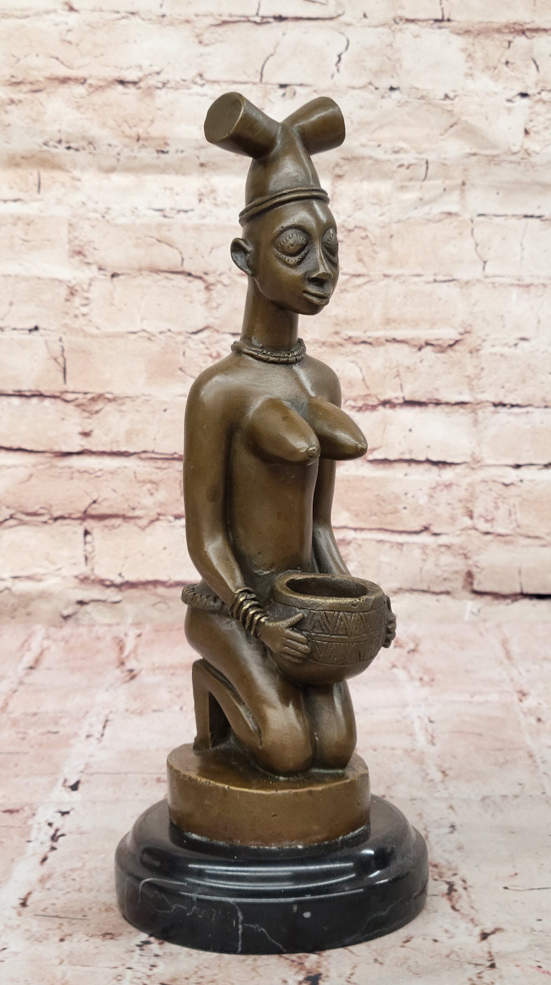 African Tribal Bronze Sculpture – Nude Kneeling Woman Figurine with Pot - Signed Milo