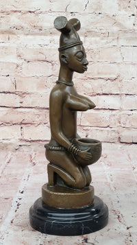 African Tribal Bronze Sculpture – Nude Kneeling Woman Figurine with Pot - Signed Milo