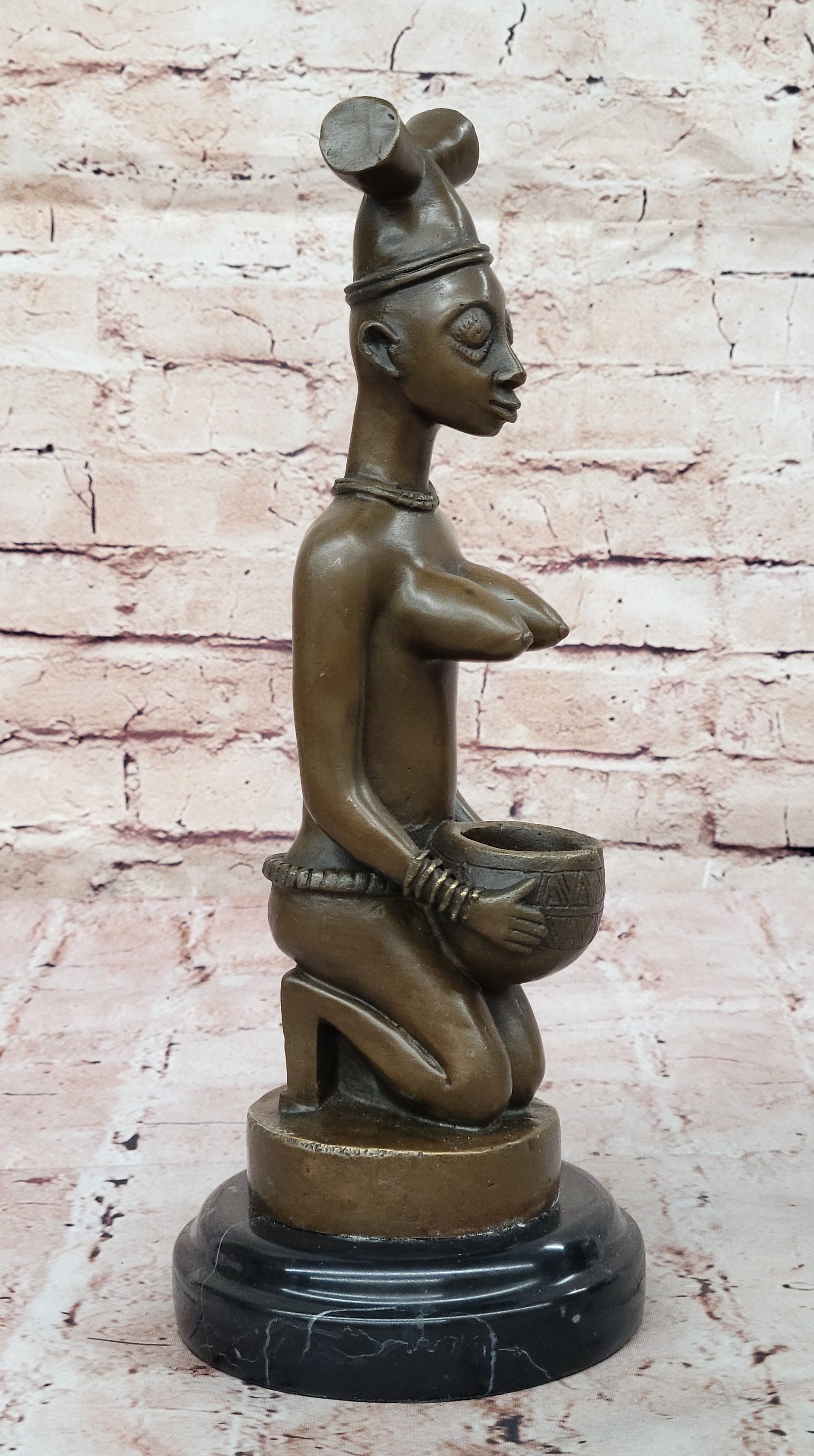 African Tribal Bronze Sculpture – Nude Kneeling Woman Figurine with Pot - Signed Milo