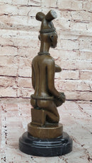 African Tribal Bronze Sculpture – Nude Kneeling Woman Figurine with Pot - Signed Milo